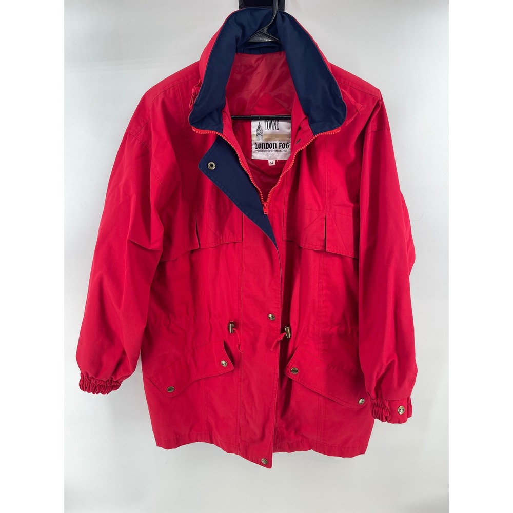 London Fog Towne Jacket Mens M Red Navy Blue Rain Coat Water Resistant Excellent